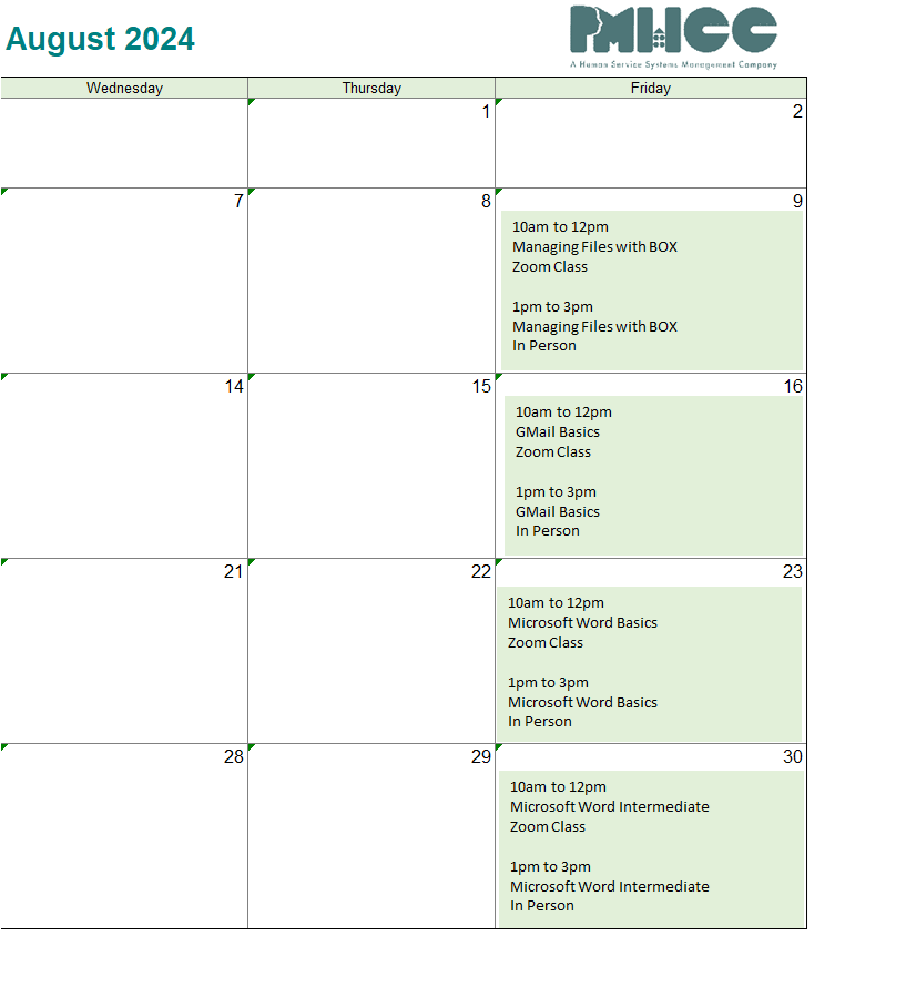 PMHCC June Training Schedule