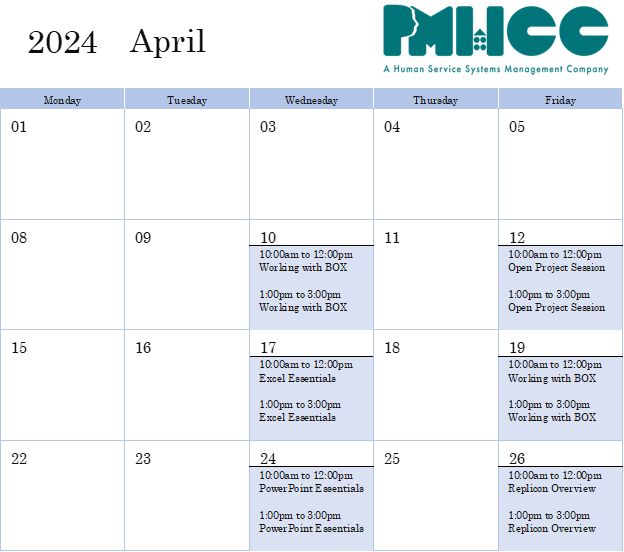 PMHCC April Training Schedule